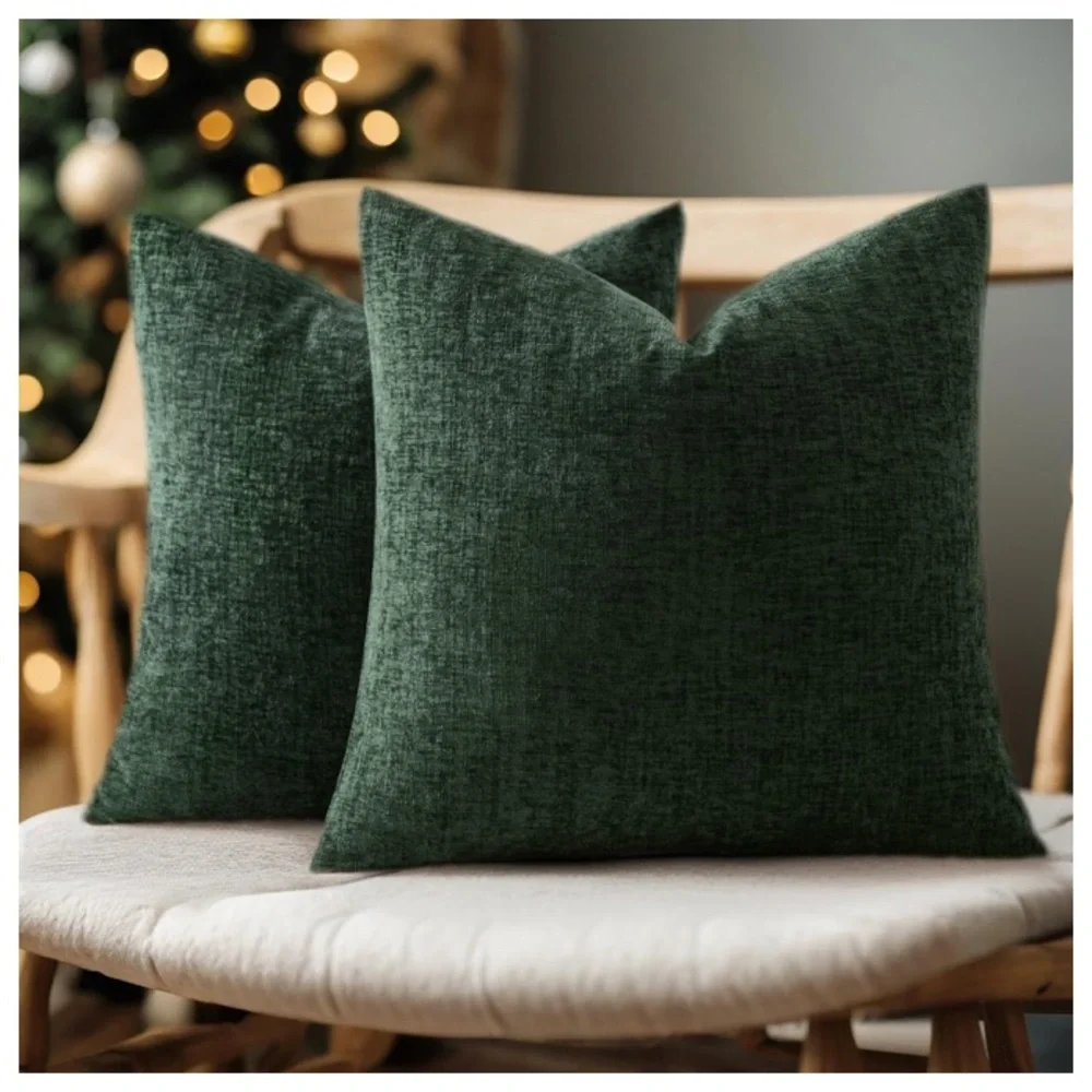 Dark Green CHENILLE HOLIDAY Throw Pillow Covers SQUARE 18x18” (2-pack)